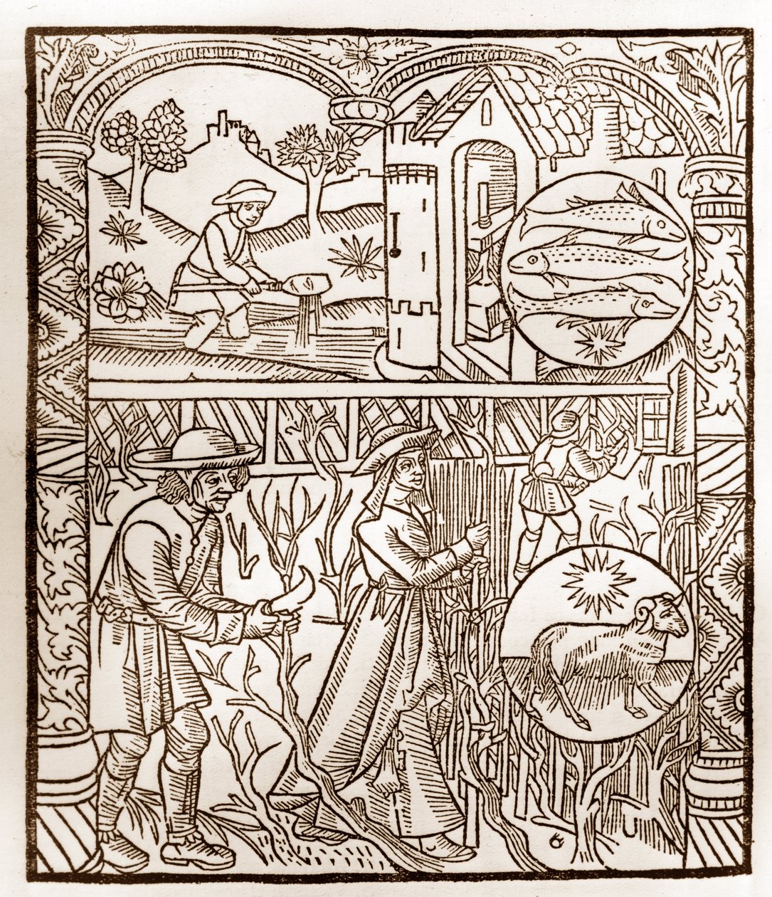 Hyrdekalender - Månedernes arbejde - marts - Træsnit fra bogen fra 1496 trykt af Guy Marchant (Guido Mercator) i Troyes - Træstik i "Le grand Calendrier et compost des shepherds" - af Guy Marchant