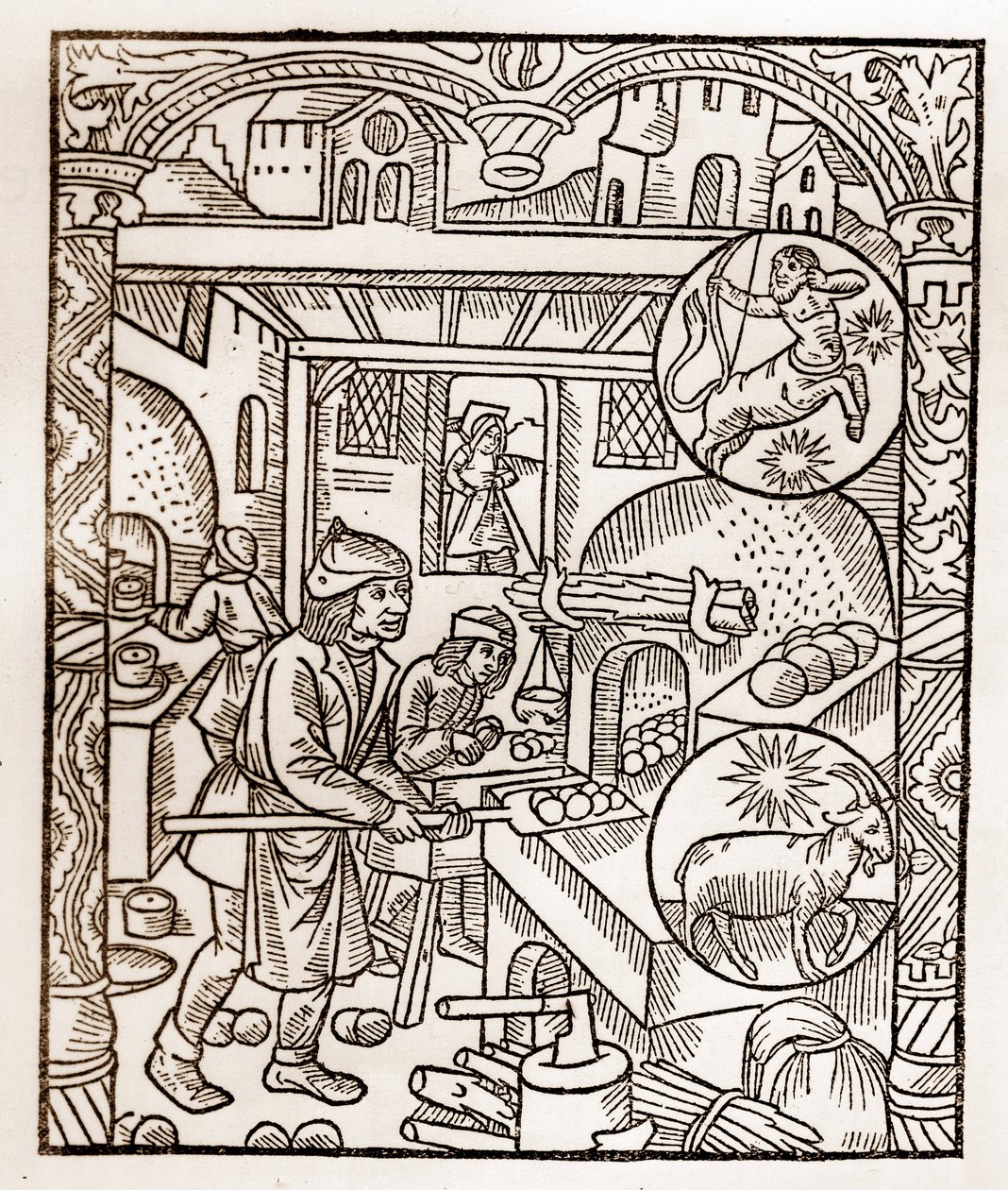 Hyrdekalender - Månedernes arbejde - November - Træsnit fra bogen fra 1496 trykt af Guy Marchant (Guido Mercator) i Troyes - Træstik i "" Le grand Calendrier et compost des shepherds"" - Brødovn - af Guy Marchant