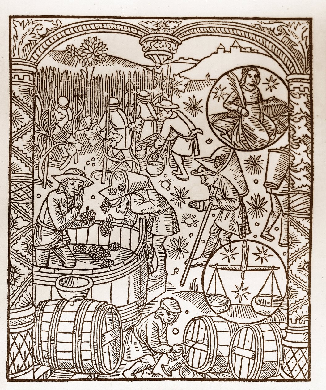 Hyrdekalender - Månedernes arbejde - Oktober - Træsnit fra bogen fra 1496 trykt af Guy Marchant (Guido Mercator) i Troyes - Træstik i "" Le grand Calendrier et compost des shepherds"" - Høsten - og tegnene på stjernetegn: den af Guy Marchant