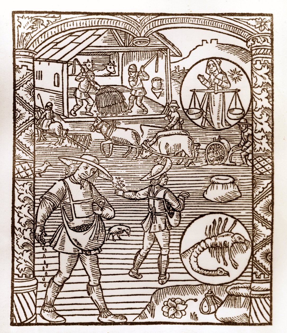 Hyrdekalender - Månedernes arbejde - September - Træsnit fra bogen fra 1496 trykt af Guy Marchant (Guido Mercator) i Troyes - Au premier plan, des peassans sement a la volee - Træsnit i "Le grand Calendrier et compost des shepherds" - af Guy Marchant