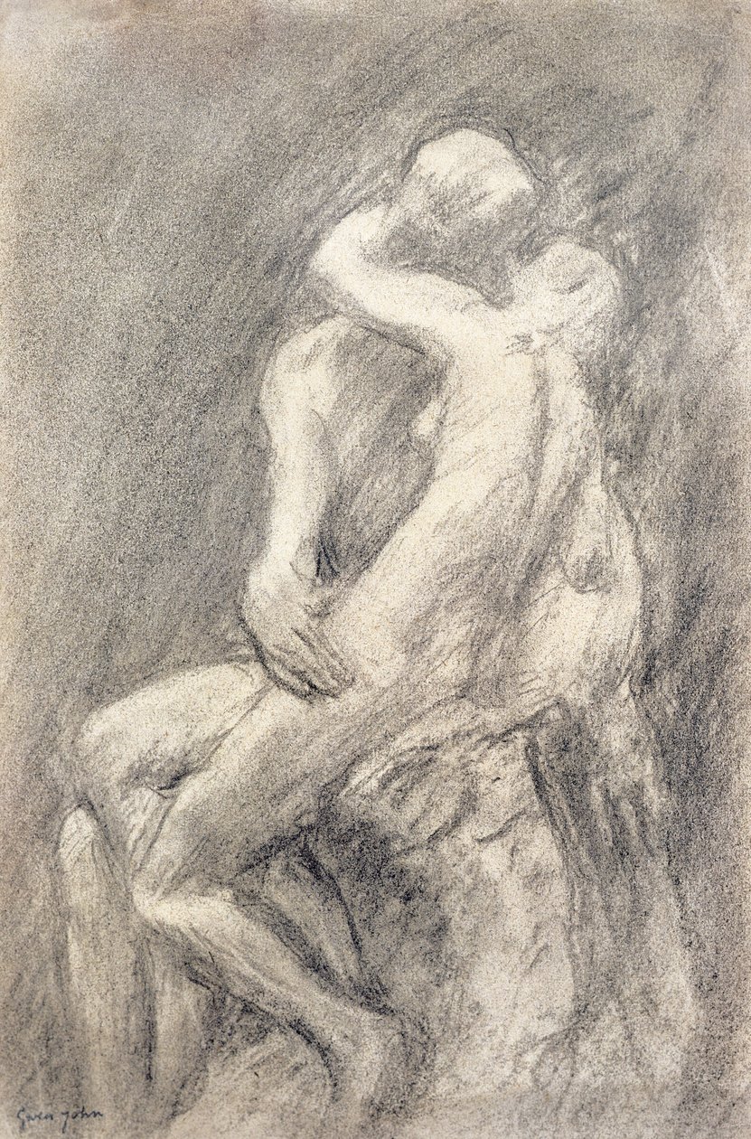 En undersøgelse af Rodins kys i hans studie (kul på papir) af Gwen John