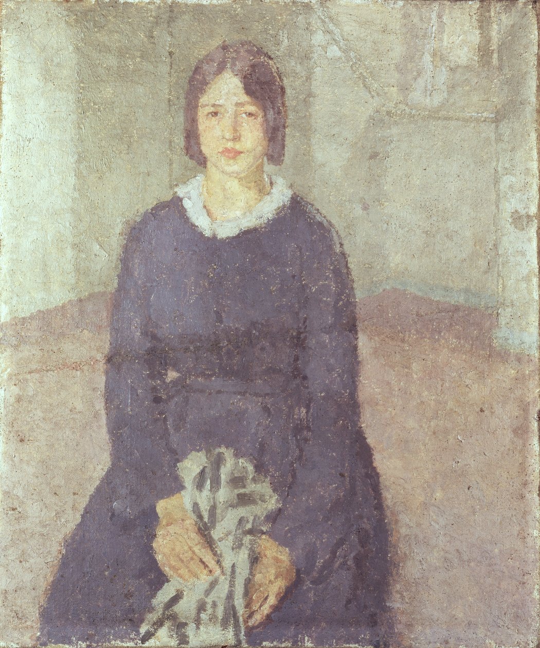 Pige i en blå kjole holder et stykke syning af Gwen John