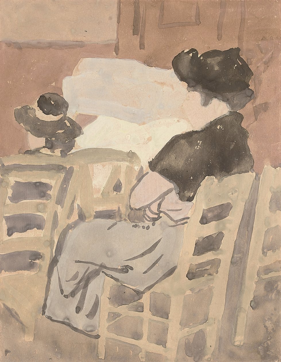 En kvinde og en ung pige i et kirkeinteriør (akvarel på papir) af Gwen John