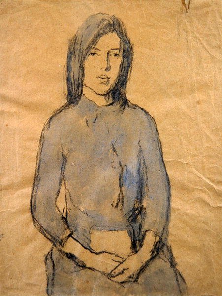 Pige, hænder hviler i hendes skød (blyant og akvarel på papir) af Gwen John