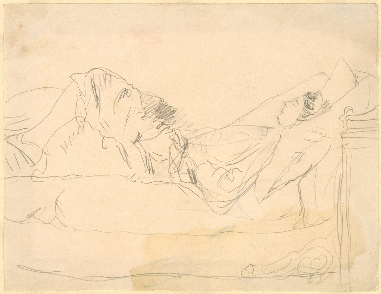 Pige ligger på en seng (blyant på papir) af Gwen John