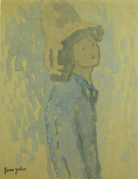 Pige med hat (gouache på papir) af Gwen John