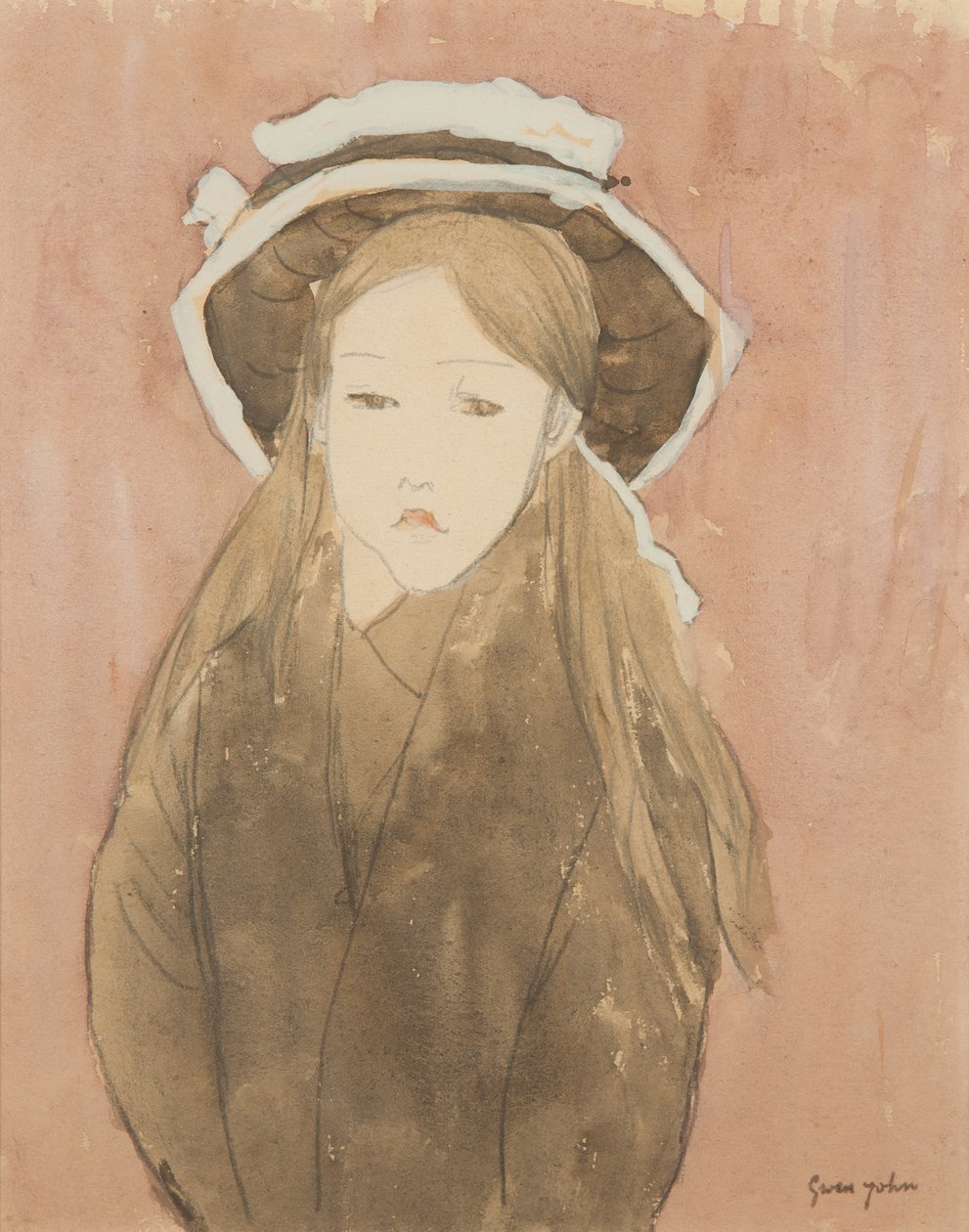 Lille pige iført stor hat (akvarel på papir) af Gwen John