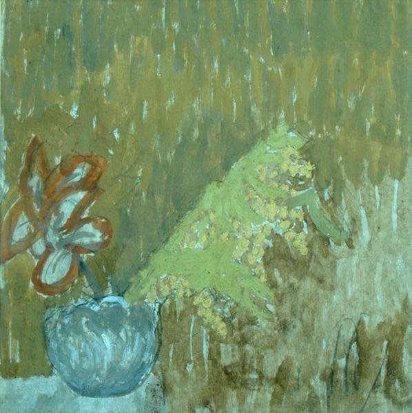 Mimosa og andre blomster i en vase, ca. 1930 (blyant og olie på papir) af Gwen John