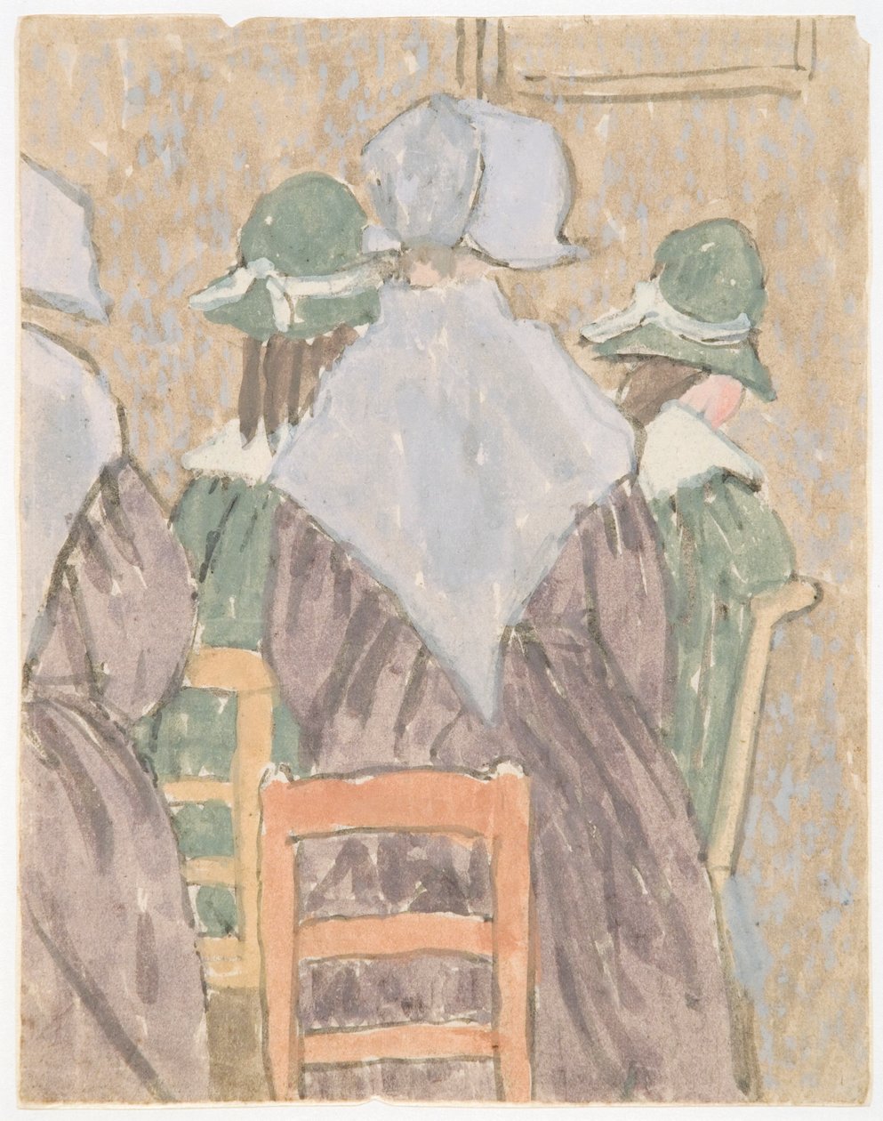 Nonner og skolepiger står i en kirke (akvarel på papir) af Gwen John