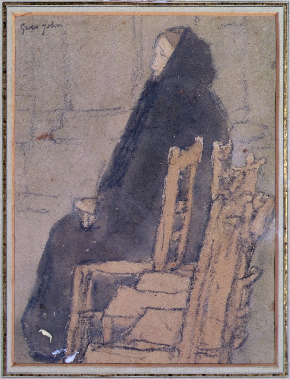 Gammel kvinde i et sort sjal (akvarel, kropsfarve og sort farveblyant på beige papir) af Gwen John