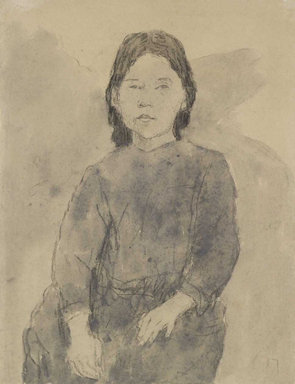 Siddende pige (Marie Hamonet?) (kul, grå vask & kropsfarve på gråt papir) af Gwen John