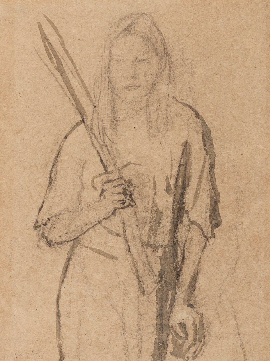 Stående pige med træstolpe i hånden (blyant og vask på papir) af Gwen John