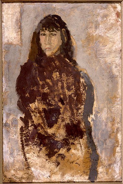 Studie af en ung kvinde i en morbærkjole (olie på papir monteret på lærred) Mu af Gwen John