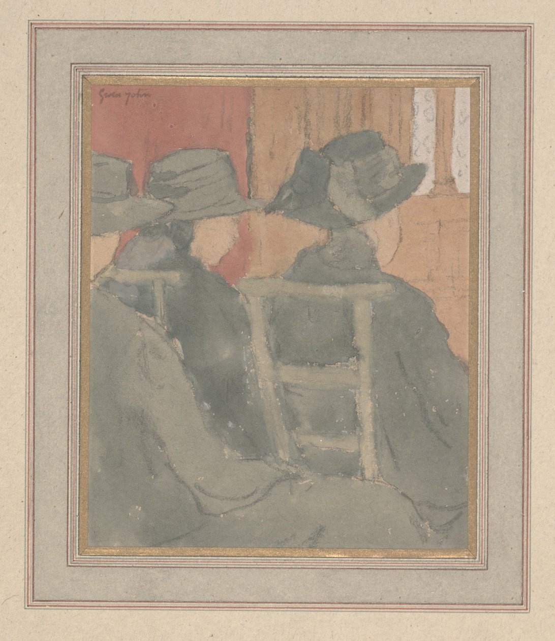 Kvinde og forældreløs pige i kirken (kul og akvarel på papir) af Gwen John