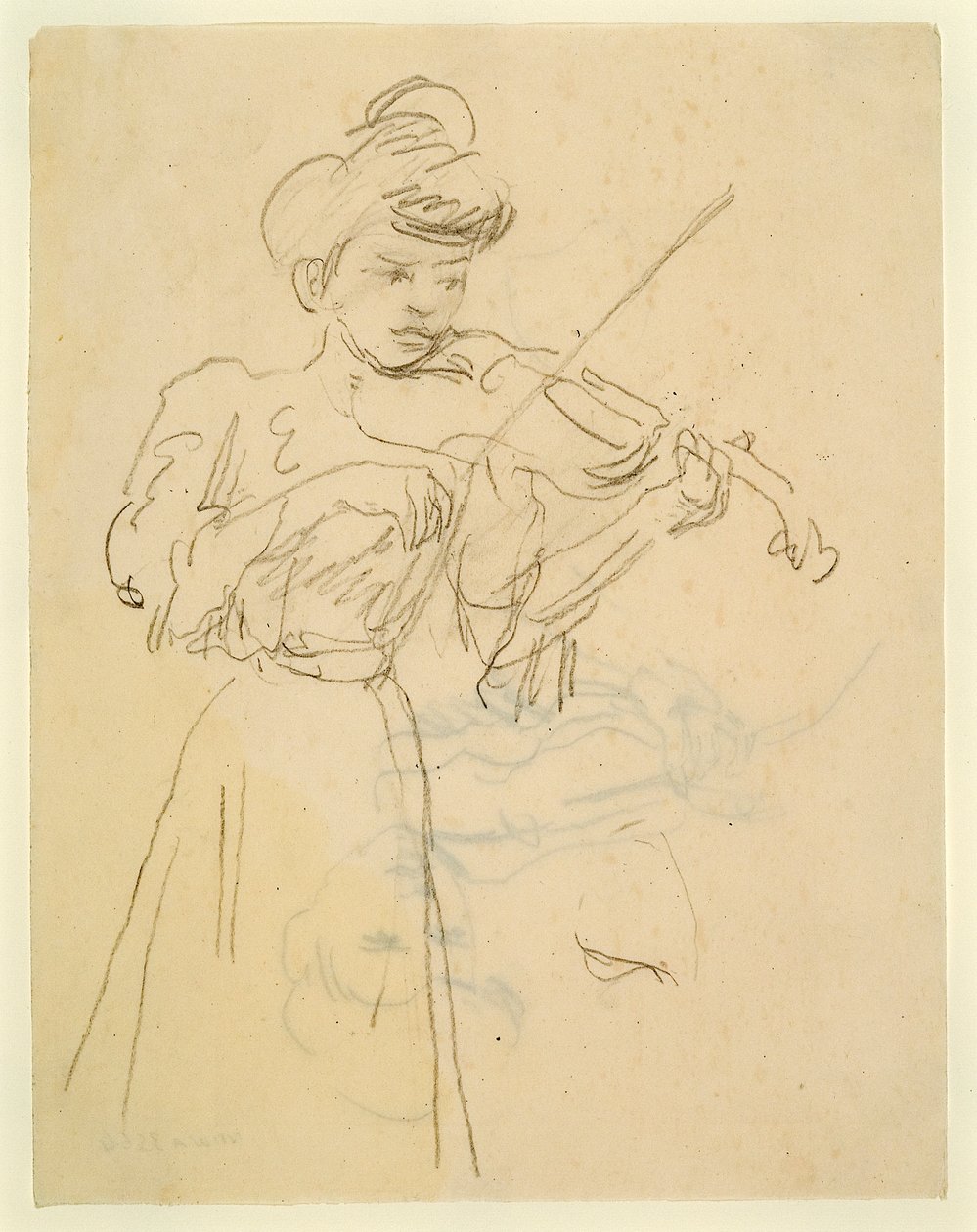 Kvinde står og spiller violin (blyant på papir) af Gwen John