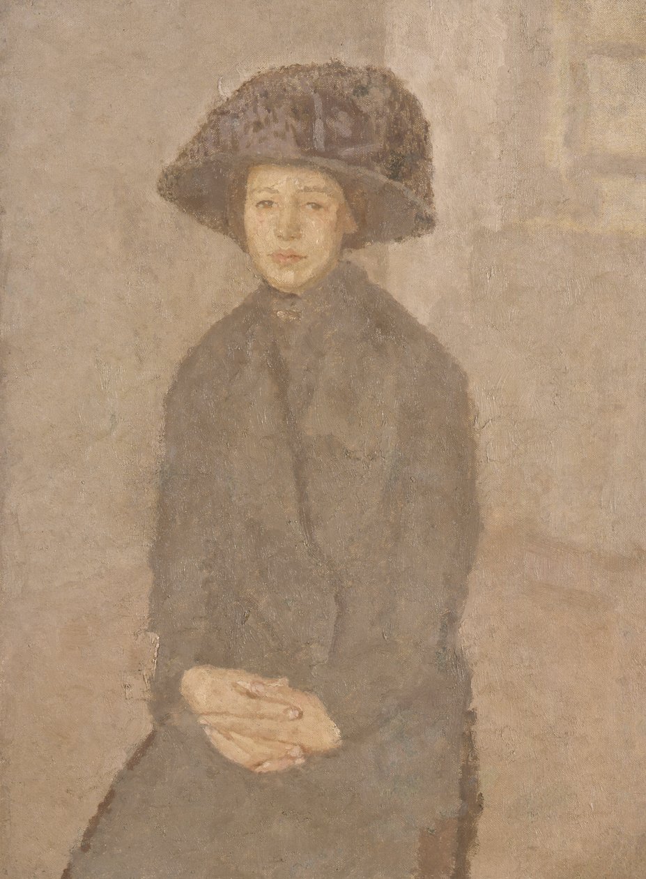 Ung kvinde iført en stor hat, ca. 1917-25 (olie på lærred lagt om bord) af Gwen John