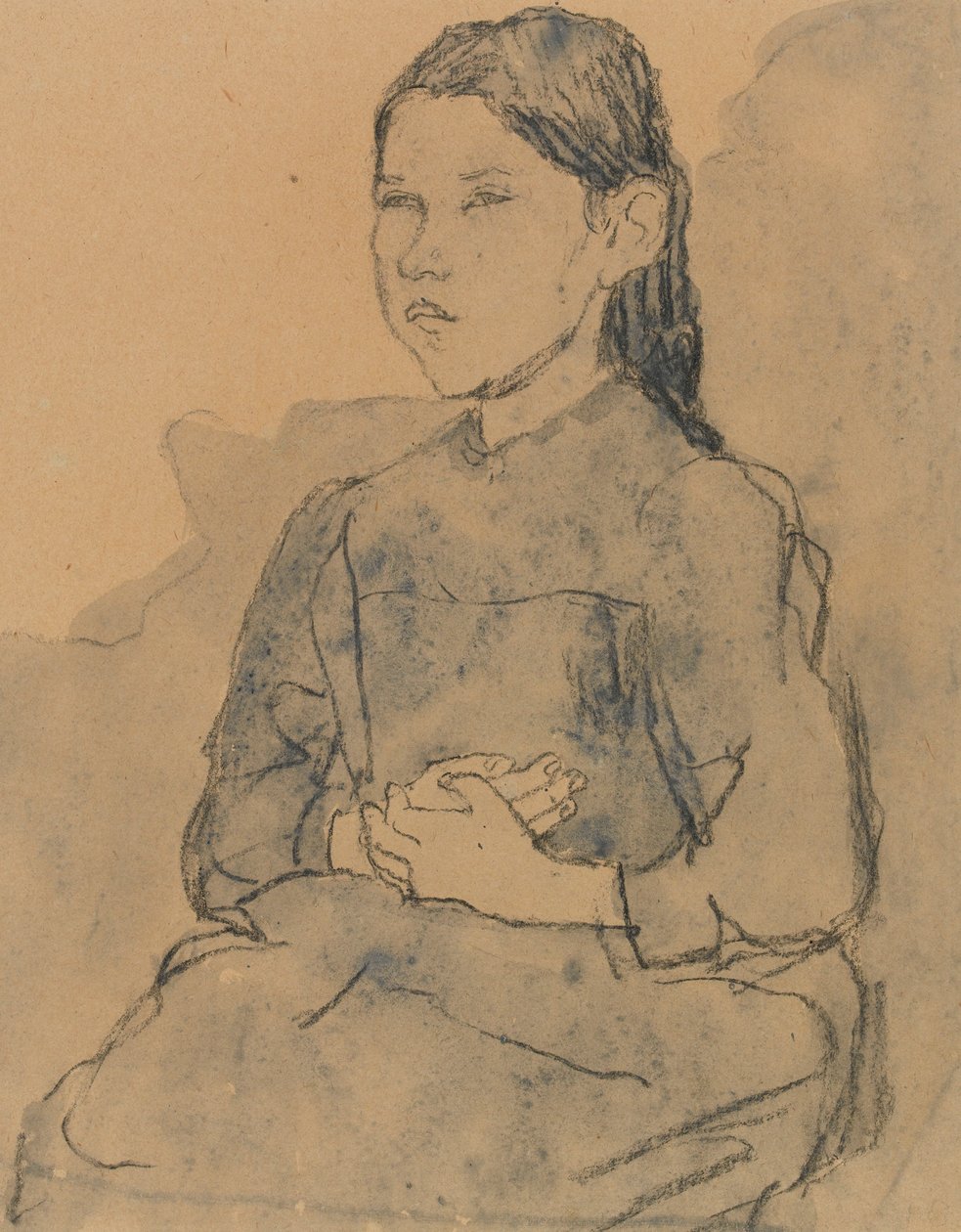 Ung pige: Marie Hamonet, ca. 1918 (kul og blå vask på papir) af Gwen John