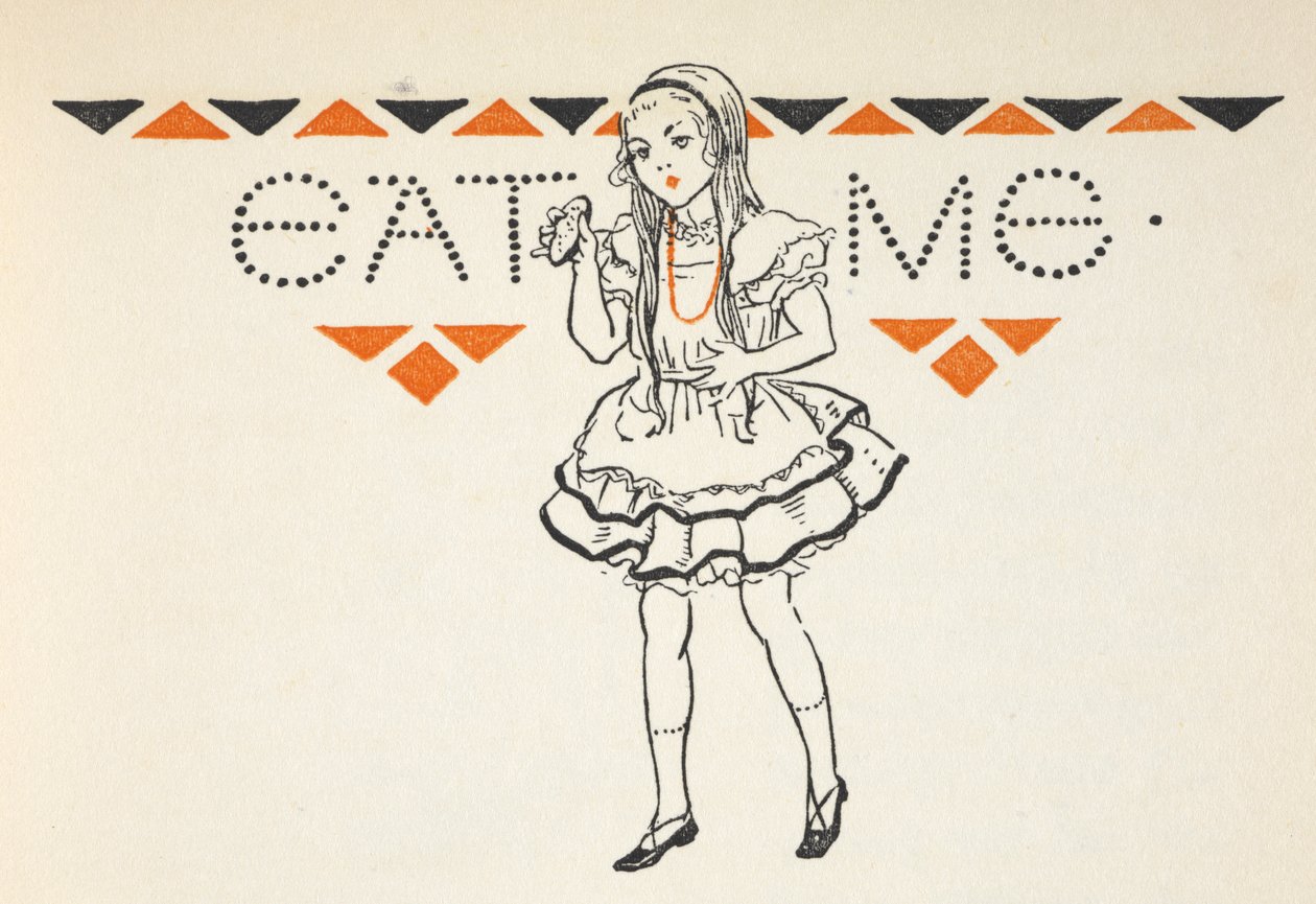 Illustration af Alice med en lille kage med ordene 