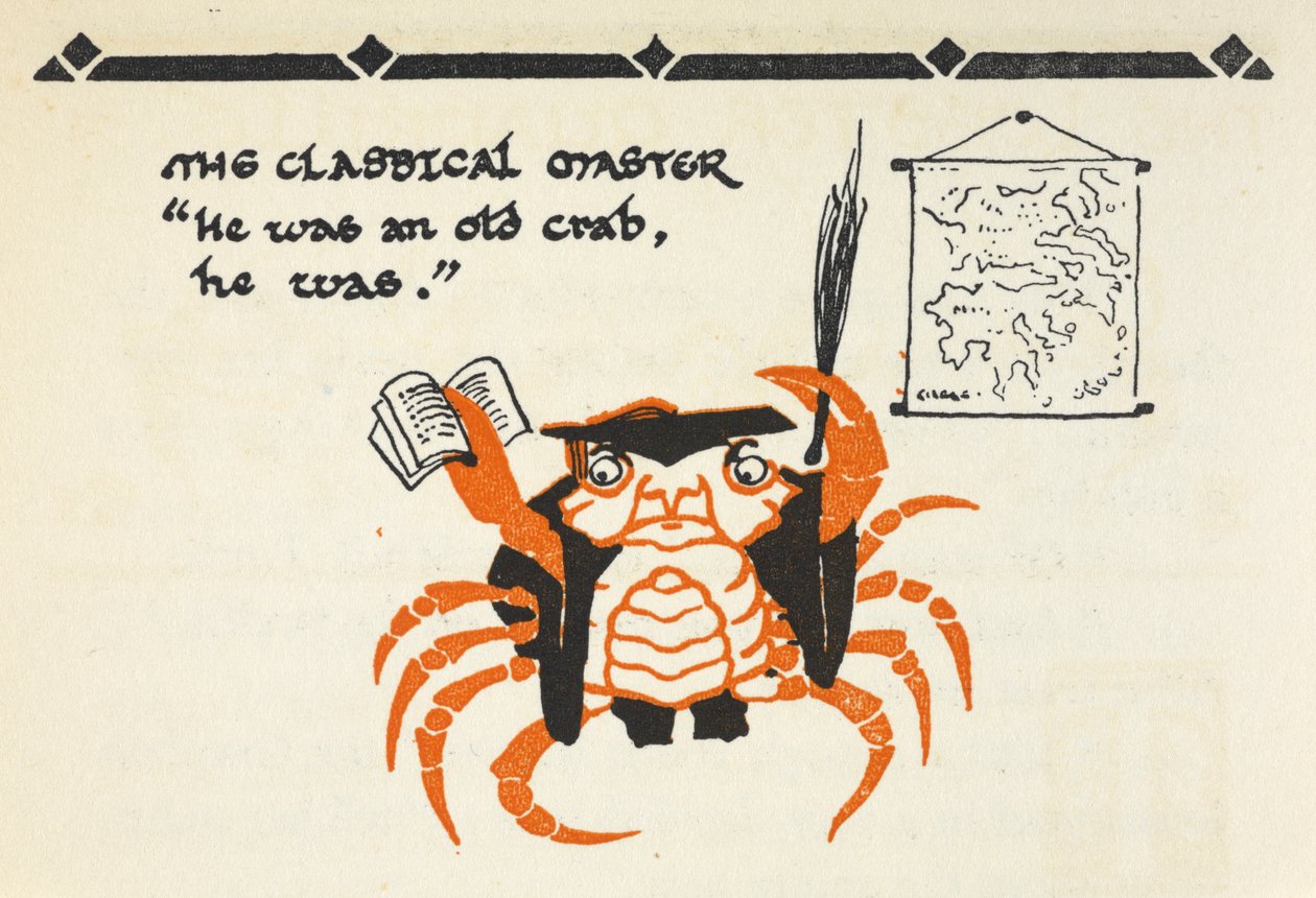 Illustration af en krabbe klædt ud som lærer, der bærer en bog og en pisk af Gwynedd M. Hudson