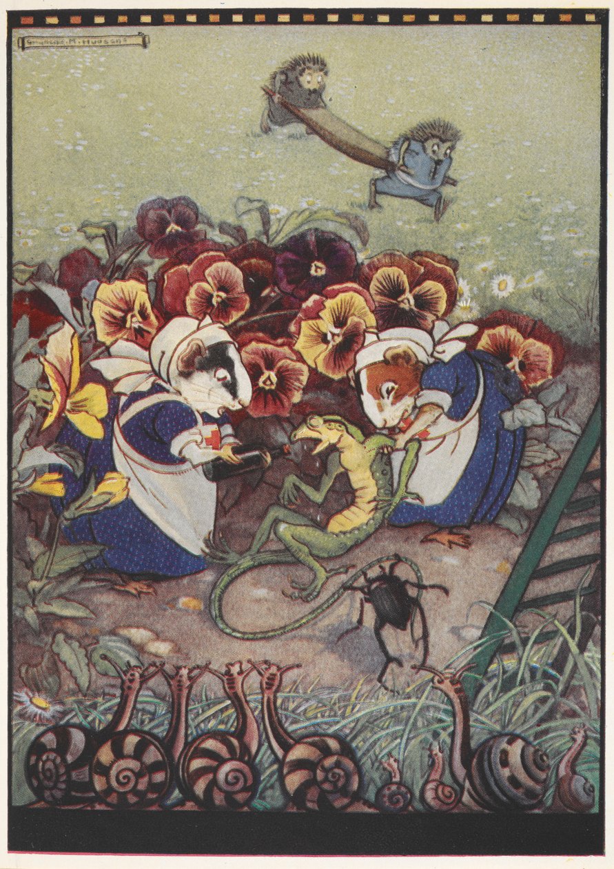 Illustration af to marsvin klædt i stuepigetøj, der passer på et firben, mens to pindsvin bærer en båre i baggrunden for at hjælpe det. af Gwynedd M. Hudson