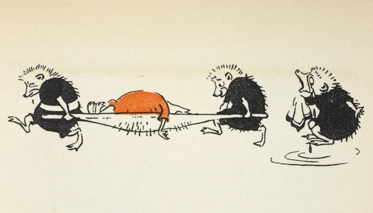 Illustration af to pindsvin, der bærer en skadet kroketspiller, og som følges af et andet grædende pindsvin. af Gwynedd M. Hudson