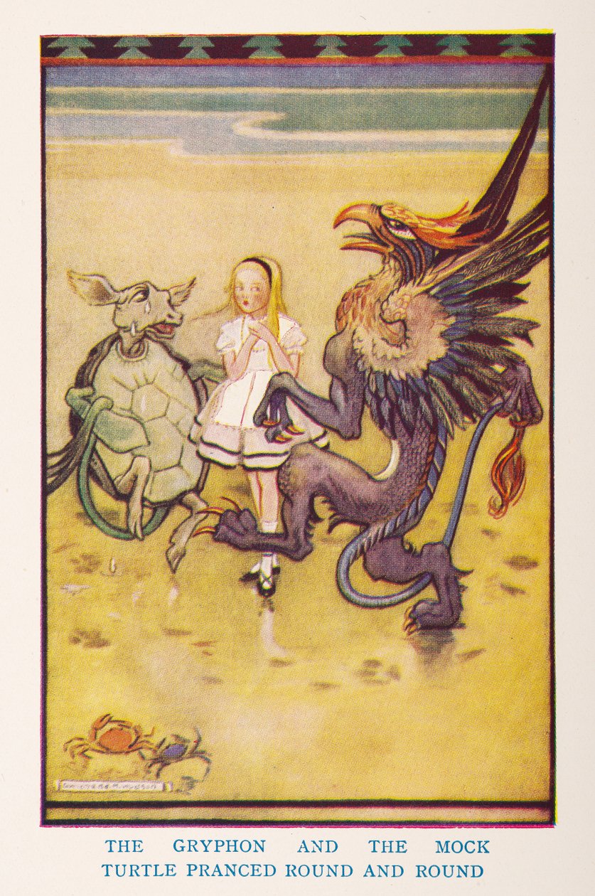 Gryfonen og den falske skildpadde sprang rundt og rundt, fra børnehaven Alice i Eventyrland / genfortalt for børneværelset af Irene Pearl; billederne af Gwynedd Hudson af Gwynedd M. Hudson