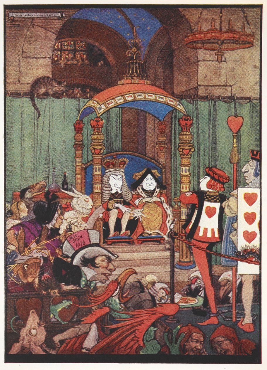 Hjerter Konge og Hjerter Dame på deres trone ved hoffet under retssagen mod Hjerter Knægt. af Gwynedd M. Hudson