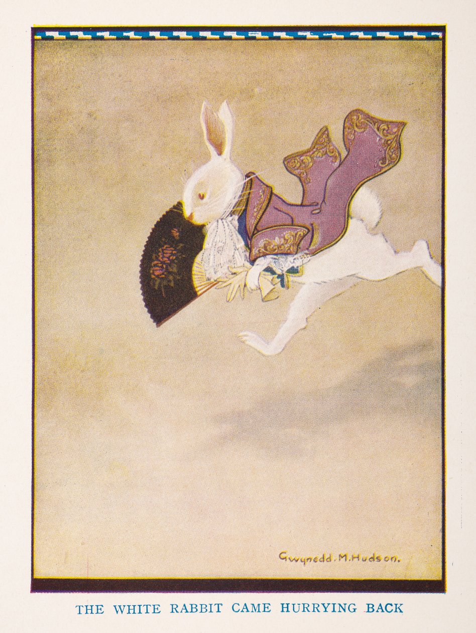 Den Hvide Kanin kom skyndende tilbage, Børnehaven Alice i Eventyrland / genfortalt for børneværelset af Irene Pearl; billederne af Gwynedd Hudson af Gwynedd M. Hudson