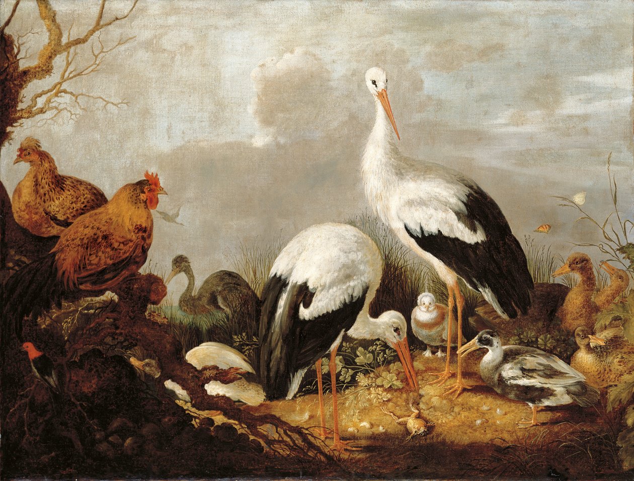 Storke, gråænder, høns, en hejre, en frø og andre fugle i et flodlandskab af Gysbert Hondecoeter