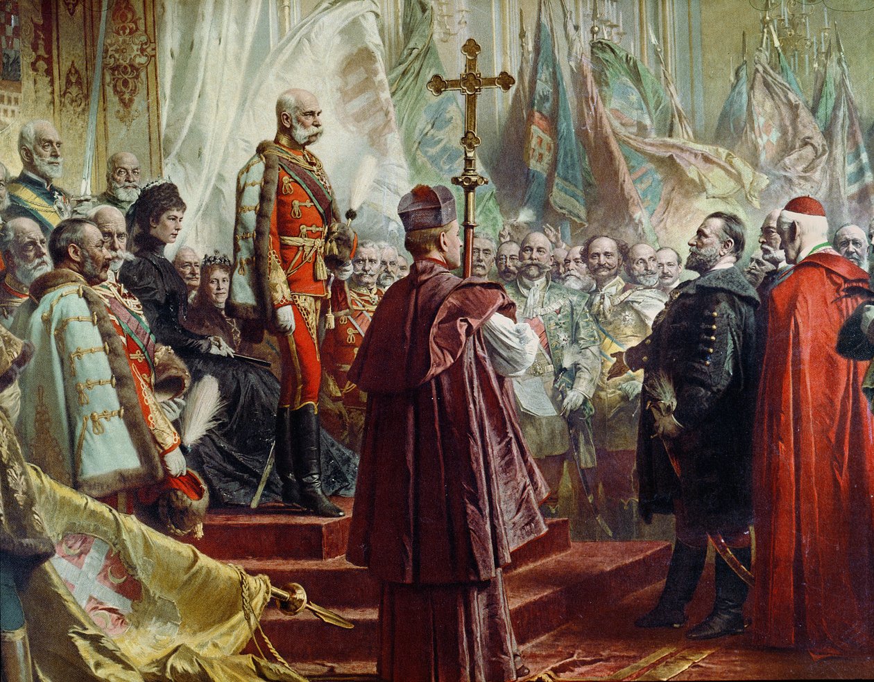 Kejser Franz Joseph I 1830-1916 og kejserinde Elizabeth 1837-98 i Budapest, 8. juli 1896 farve litho detalje af 231008 af Gyula Benczúr