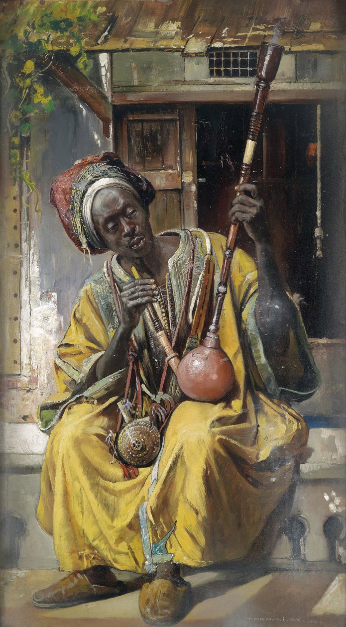 ""Fumeur de pipe a eau"" (narghile) (The Water-Pipe Smoker) Peinture de Gyula Tornai (1861-1928) Olie på træ 1903 Dim 58x34 cm Privat samling af Gyula Tornai