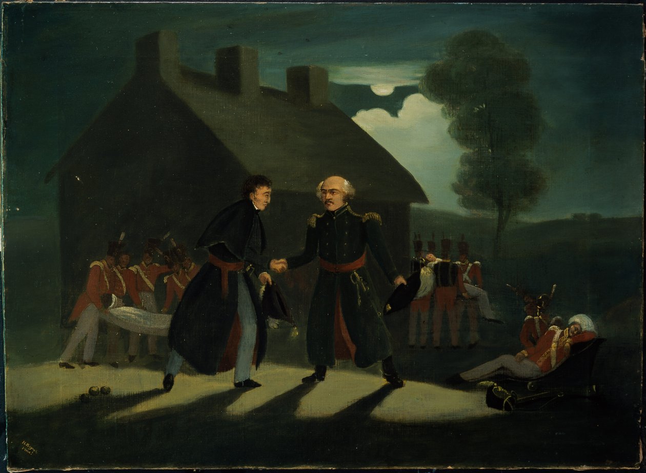 Mødet mellem Wellington (1769-1852) og Blucher (1742-1819) på La Belle Alliance efter slaget ved Waterloo, ca.1820 af H. Baynes
