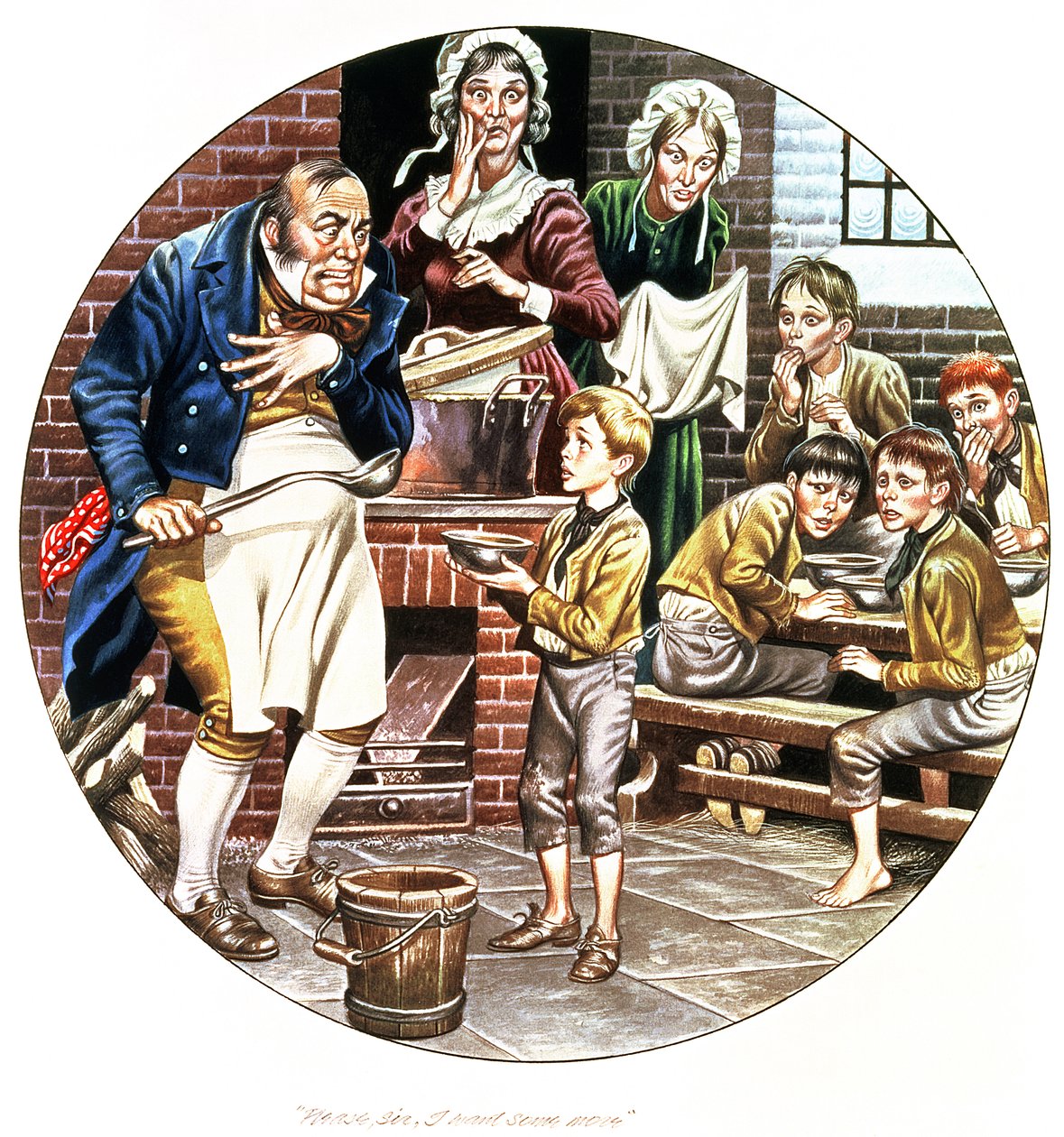 Kunstnerens anden fortolkning af Oliver Twist, der beder om mere, fra 