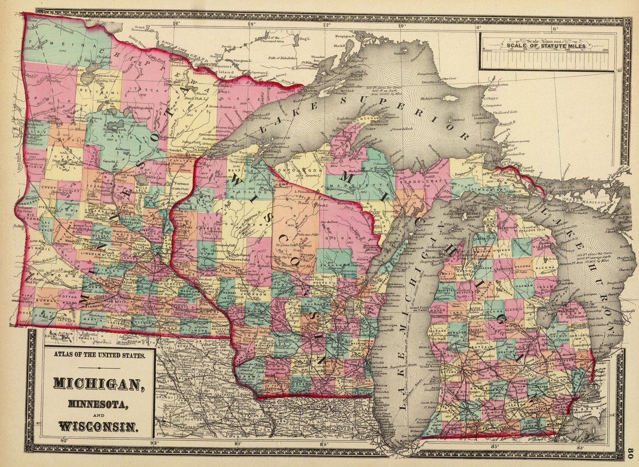 1872 kort over staterne Minnesota, Wisconsin og Michigan af H. F.; Gray Walling