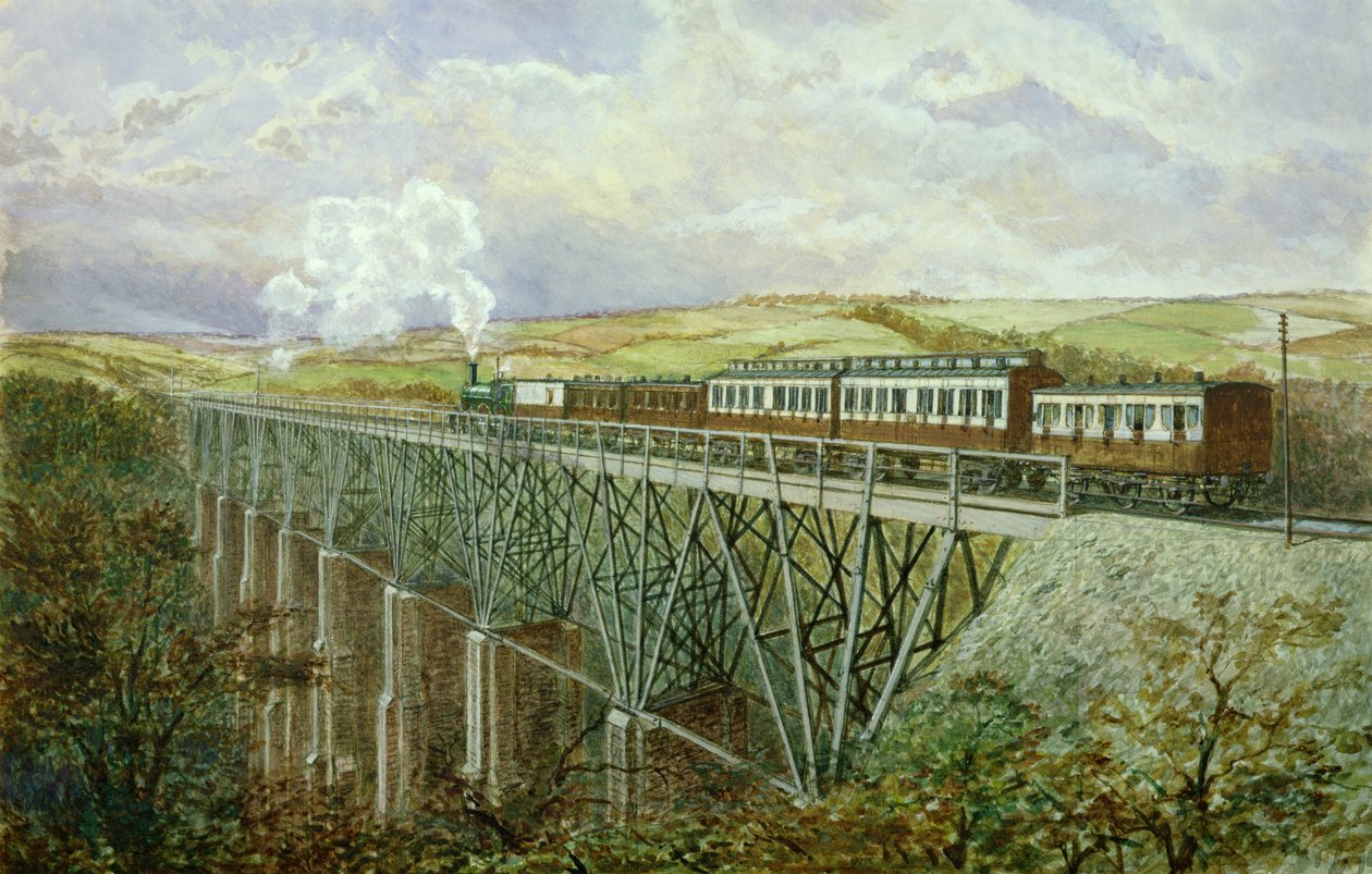 Cornwall Railway, The Gover Viaduct (wc på papir) af H. Geach