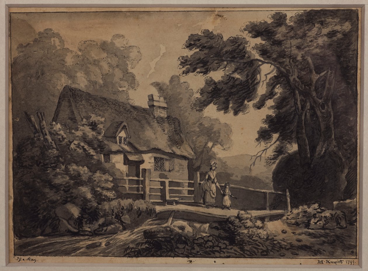 En mor og et barn på vej over en bæk, 1799 (blyant, blæk og vask på papir) af H. Knight