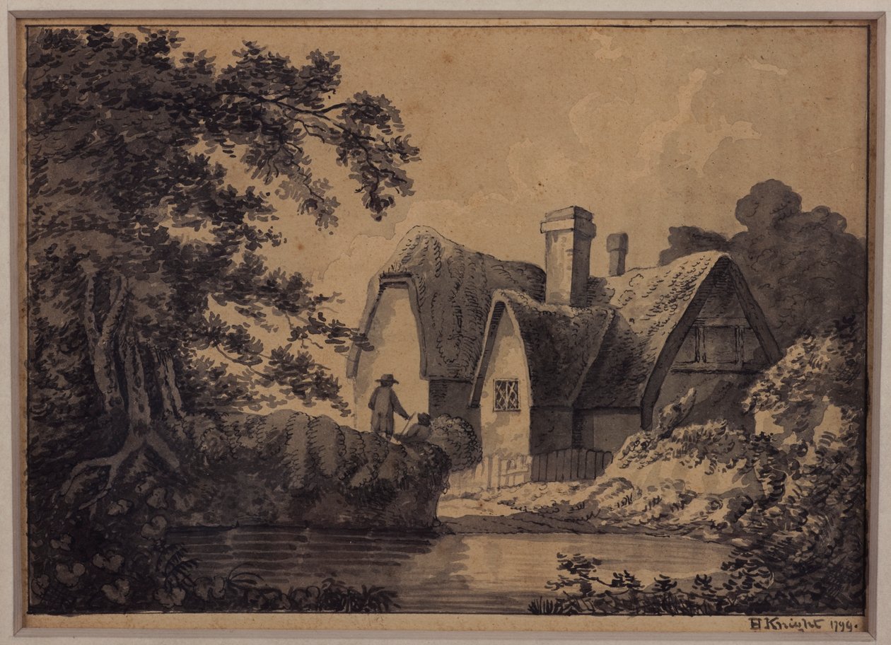 To ved et sommerhus i et landskab, 1799 (blyant, blæk og vask på papir) af H. Knight