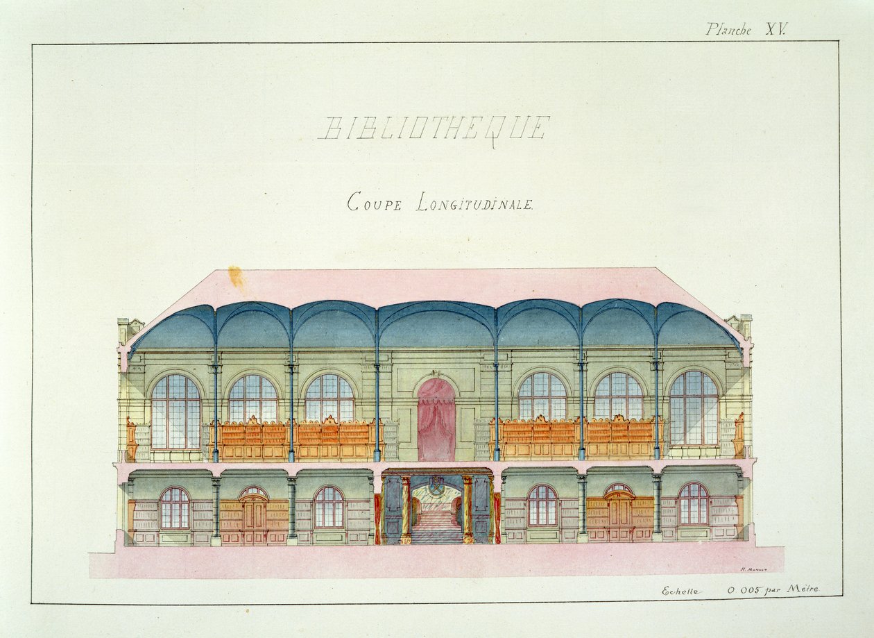 Tværsnit af et bibliotek, plade XV fra en folio af designs, ca. 1870 af H. Monnot