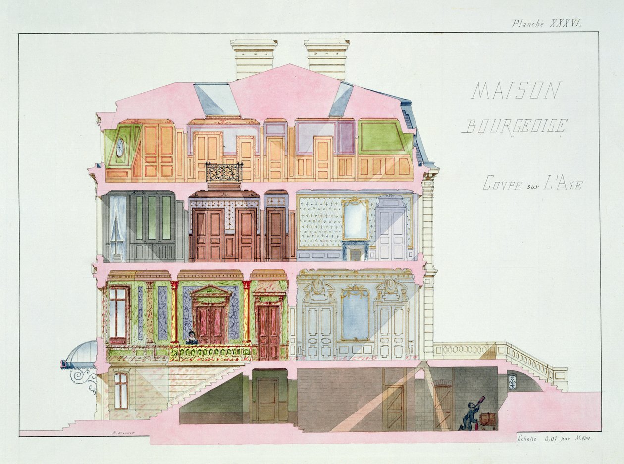 Tværsnit af huset for Bourgeoisiet, plade XXXVI fra en folio af design, ca. 1870 af H. Monnot