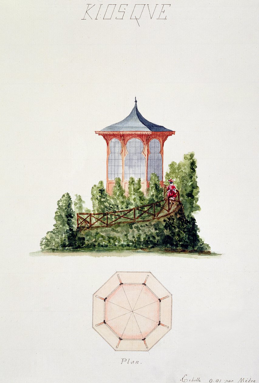 Design til en pavillon i forenklet orientalsk stil, fra en folio af originale tegninger i klassisk og tidlig Belle-Epoque stil, ca. 1870 af H. Monnot