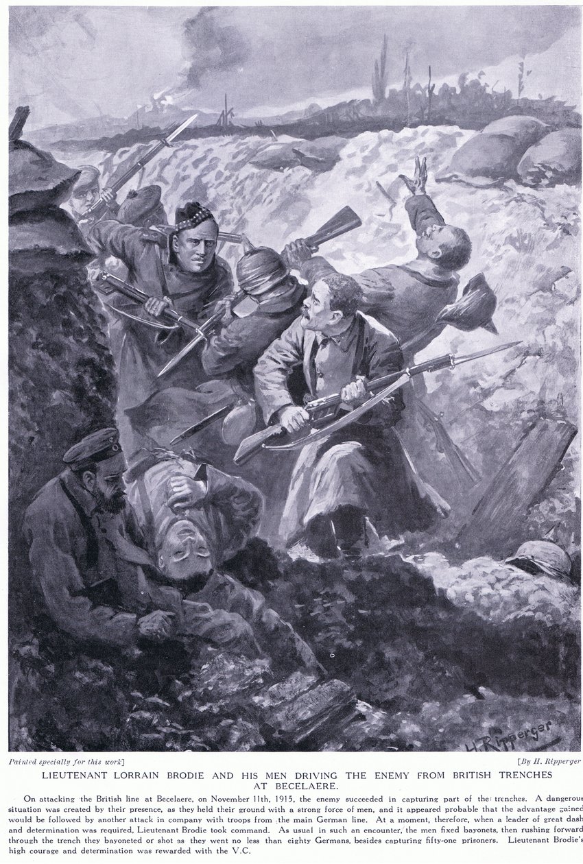Løjtnant Lorrain Brodie vandt en VC for at drive fjenden fra britiske skyttegrave ved Becelaere i november 1915 af H. Ripperger