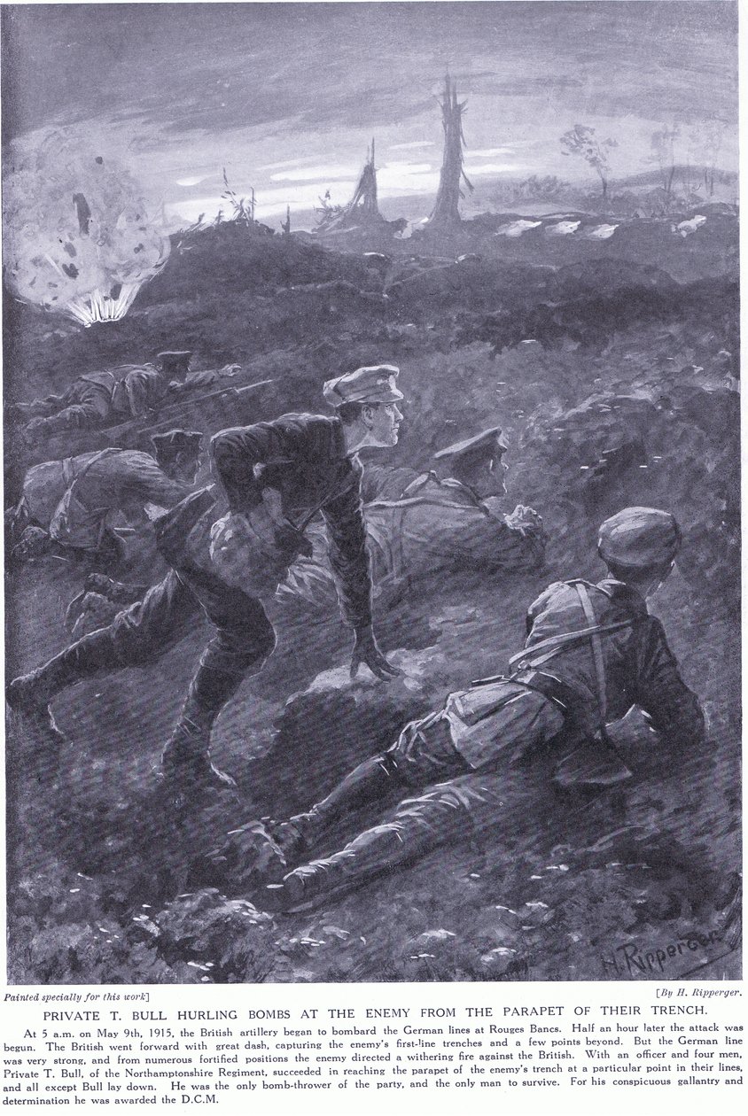 Menig T Bull vandt en DCM, der kastede bomber mod fjenden fra brystningen af deres skyttegrav ved Rouges Banc maj 1915 af H. Ripperger