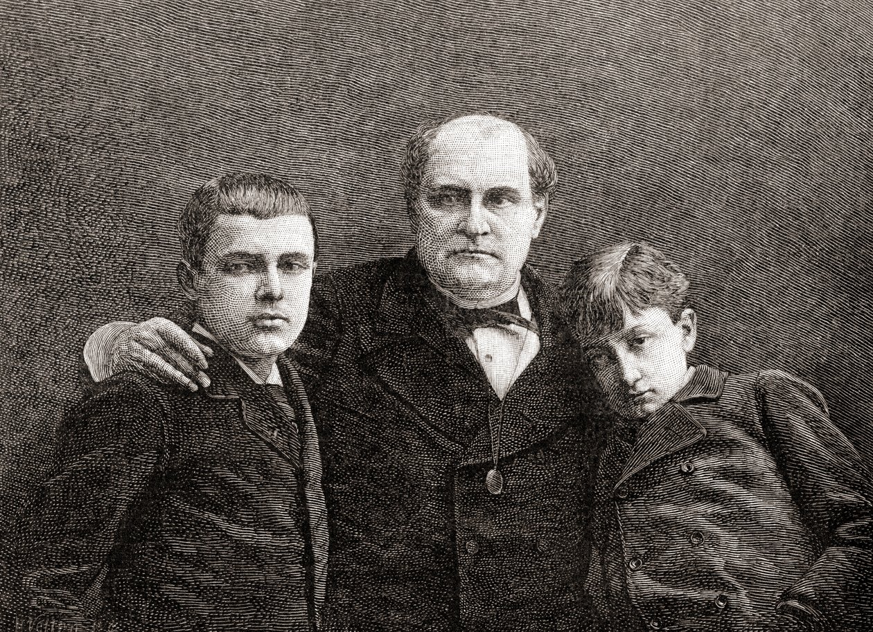 Prins Napoléon Bonaparte med sine to sønner Victor og Louis, fra The Century Illustrated Monthly Magazine, udgivet 1884 (træstik) af H. Velten