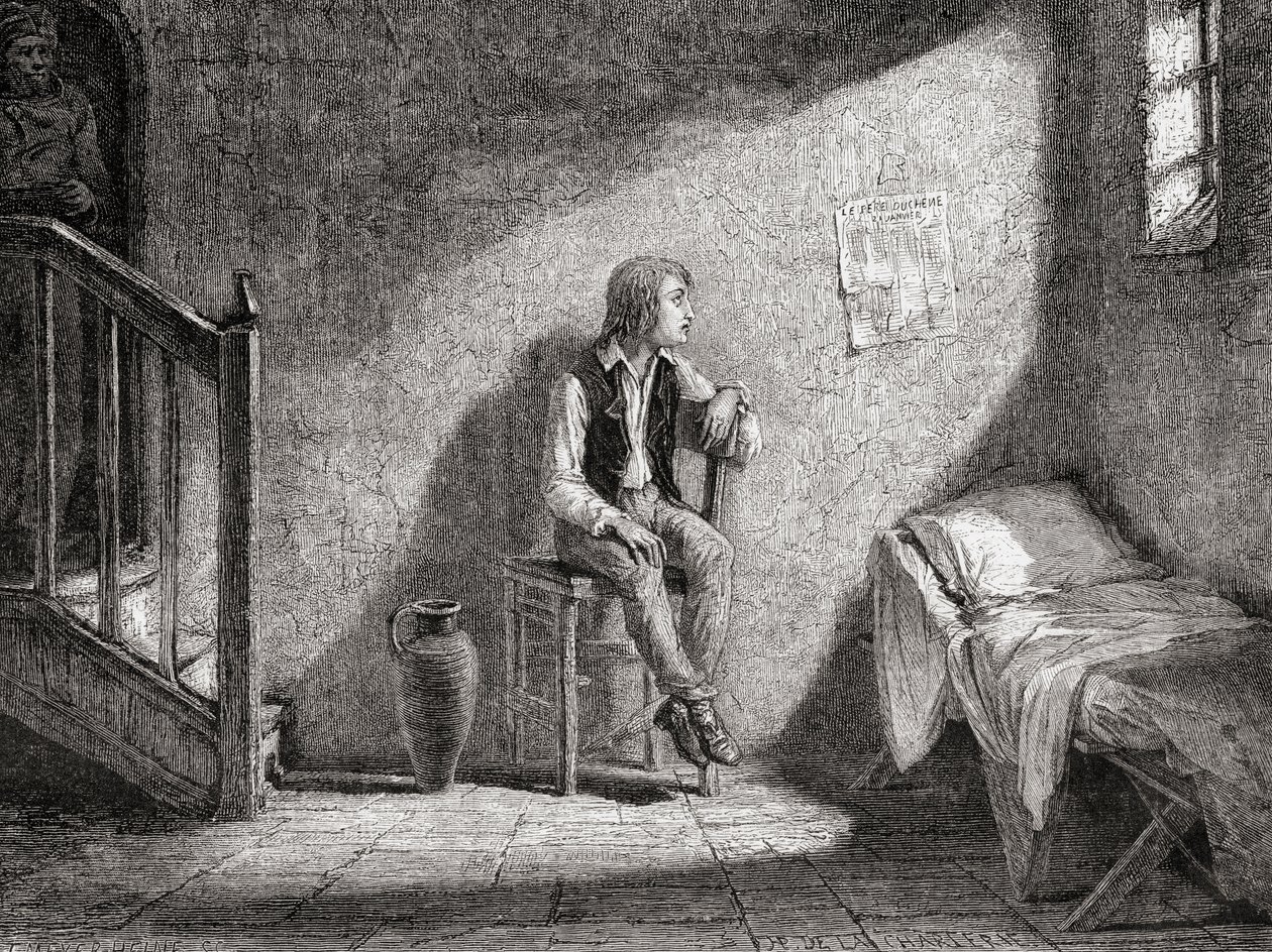 Dauphinen i fangenskab i 1792, graveret af Theodor Meyer-Heine af H. de la Charlerie