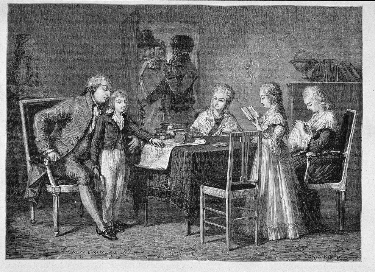 Den franske kongefamilies tidsfordriv i templet, graveret af Jonnard af H. de la Charlerie
