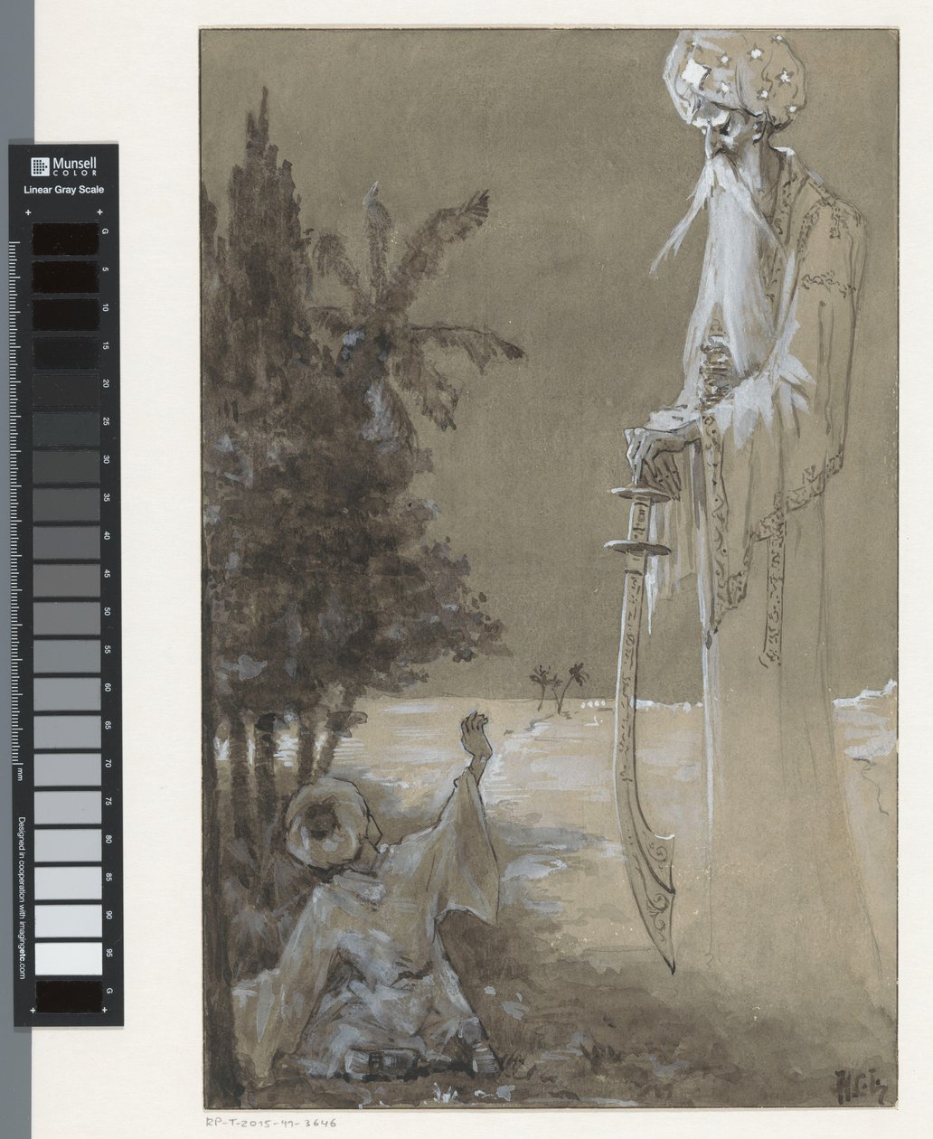 Høj mand med skæg ser ned på en siddende dreng af H.C. Louwerse (signed by artist)