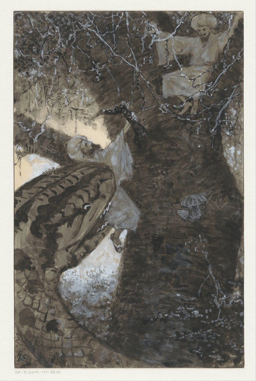 Mand i træ bliver grebet af en slange af H.C. Louwerse (signed by artist)