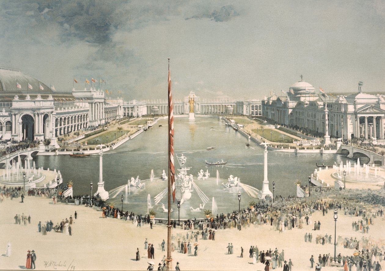 The Worlds Columbian Exposition, ser øst fra MacMonnies Fountain mod Court of Honor og Grand Basin, Chicago, Illinois, 1893 af H.D. Nichols
