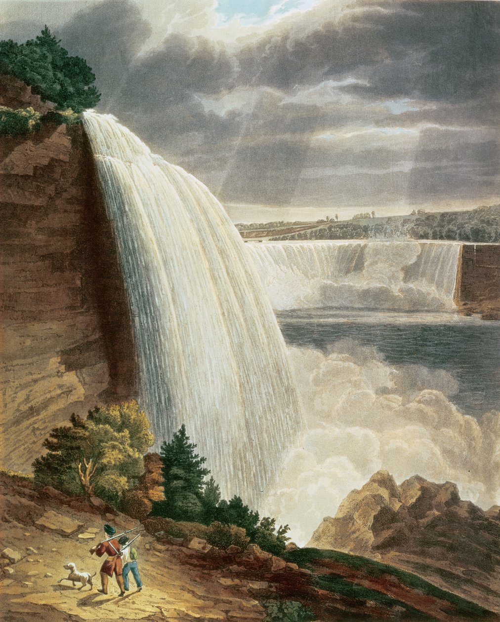 Niagara Falls, en del af American Fall from the Foot of the Stair Case, indgraveret af J. Hill, pub. af H.L.Megarcy (farvegravering) af H.J. Bennett