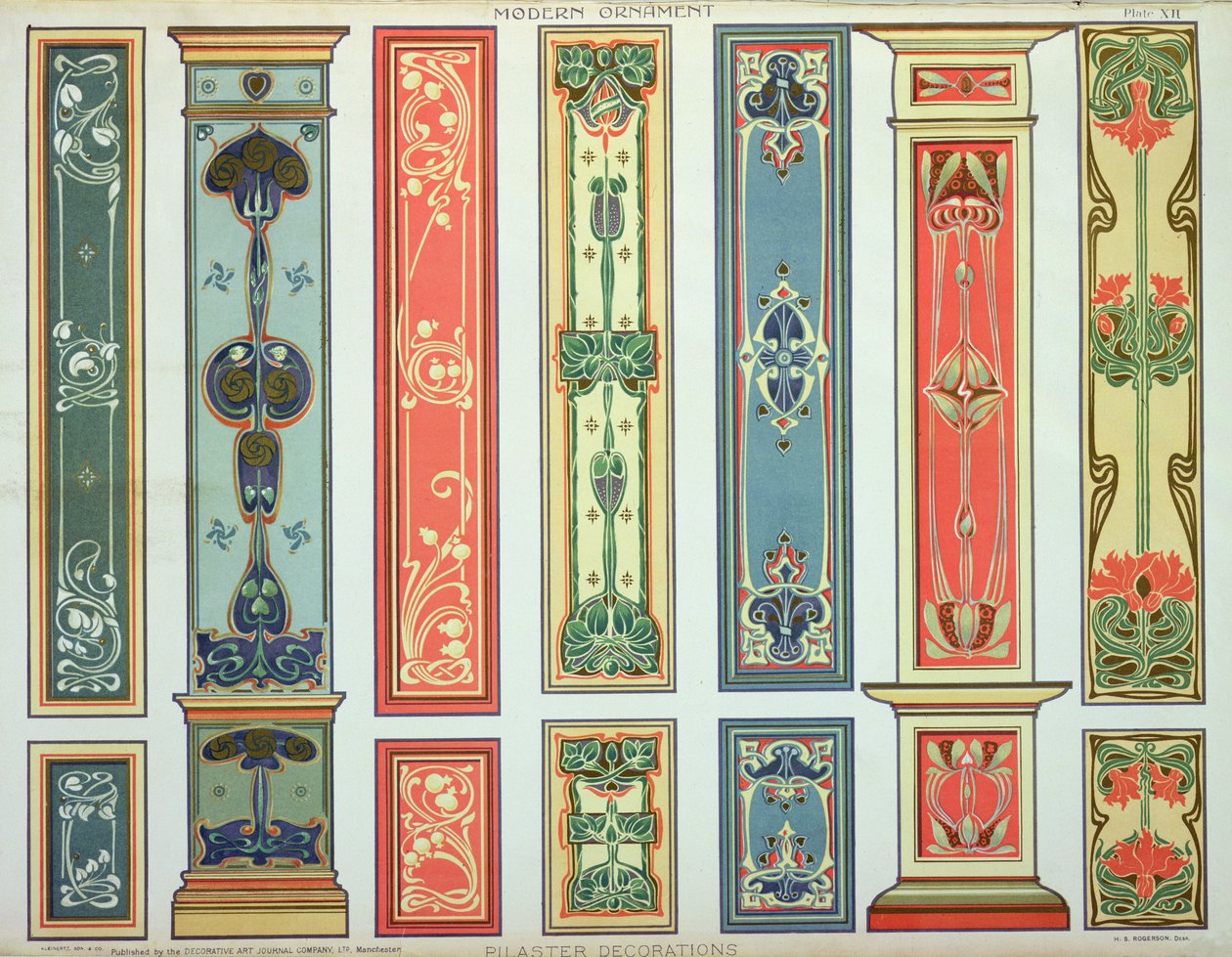 Panelmønstre, plade XII fra "Modern Ornament" udgivet af Decorative Art Journal Company Ltd. ca. 1900 af H.Summerfield Rogerson